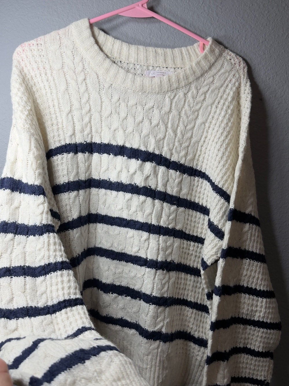 LC Lauren Conrad Cream and Navy Striped Cable Knit Crewneck Sweater